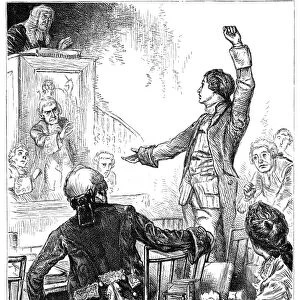PATRICK HENRY (1736-1799). Give Me Liberty or Give Me Death! Patrick Henry delivers his great speech on the rights of the colonies before the Virginia Assembly, convened at Richmond, 23 March 1775. Wood engraving, American, 1876