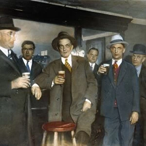 Patrons of an unidentified American speakeasy during Prohibition in the 1920s: oil over a photograph