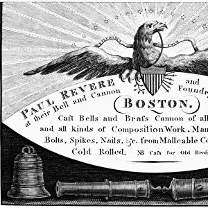 PAUL REVERE: TRADE CARD. Merchant trade card for Paul Revere and Son, at their Bell and Cannon Foundry at the North part of Boston. Line engraving, American, late 18th century