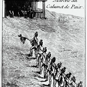PEACE PIPE CEREMONY, 1718. Chitimacha Native Americans in Louisiana on their way to take part in the calumet ceremony upon the conclusion of peace with the French in 1718. Copper engraving, French, 1758, after a drawing by Antoine Simon Le Page du Pratz