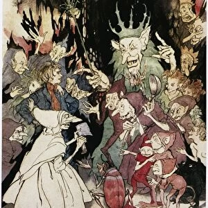 Peer before the King of the Trolls. Illustration by Arthur Rackham (1867-1939) for an edition of Henrik Ibsens Peer Gynt