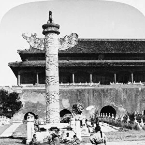 PEKING: FORBIDDEN CITY. Column and the Ching-men (Great Bright) Gate near the entrance