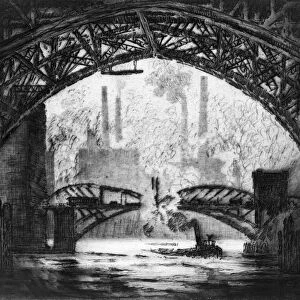 PENNELL: CHICAGO, 1910. Under the Bridges, Chicago. Etching by Joseph Pennell, 1910