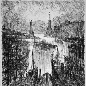 PENNELL: GENOA, 1913. The harbor, Genoa. Etching by Joseph Pennell, 1913