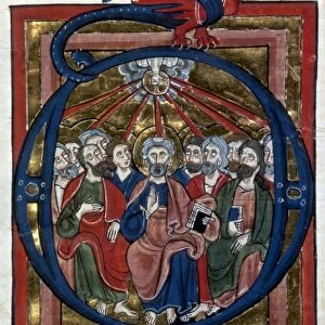 PENTECOST. Historiated initial D from a German psalter, early 13th century