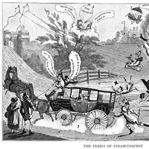 The Perils of Steam-Coaches. English cartoon showing an explosion caused by a steam carriage, 19th century