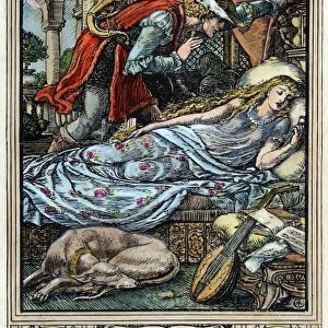 PERRAULT: SLEEPING BEAUTY. The Prince about to wake the Sleeping Beauty with a kiss