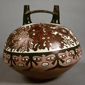 PERU: NAZCA JAR. Ceramic jar with two spouts, painted with a centipede motif, by