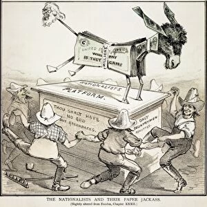 Peter Cooper, Greenback party presidential candidate in 1876, is the tail of the paper jackass in this American anti-Greenback cartoon, 1878