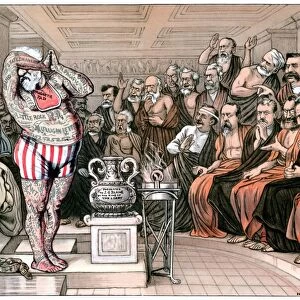 Phryne Before the Chicago Tribunal : American lithograph cartoon by Bernard Gillam, 1884, showing presidential candidate James G. Blaine appearing before the Republican Partys nominating convention in Chicago tattooed with various charges of corruption (inspired by Jean L