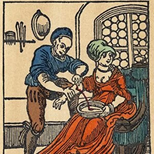 A physician practicing venesection (phlebotomy). Woodcut, 16th century