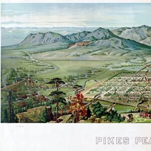 PIKEs PEAK, 1890. Panoramic view of Pikes Peak in Colorado. Lithograph by Henry Wellge