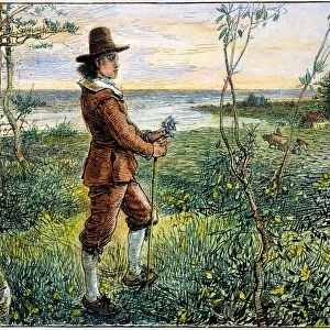 PILGRIM, 1620s. John Alden, one of the Pilgrim settlers of the Plymouth colony, founded in 1620. Illustration from a 19th century American edition of Henry Wadsworth Longfellows poem The Courtship of Miles Standish