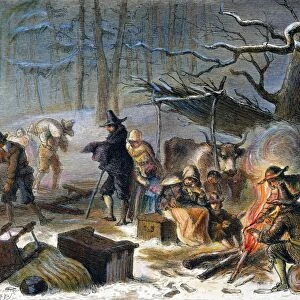 PILGRIMS: FIRST WINTER, 1620. The first winter of the Pilgrims in Massachusetts, 1620: colored engraving, 19th century