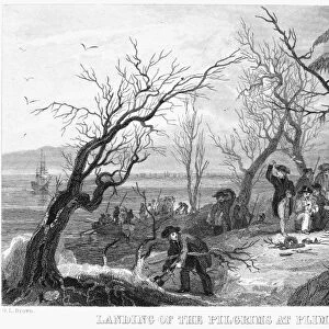 PILGRIMS LANDING, 1620. The Pilgrims landing at Plymouth Rock, 1620. Steel engraving, American, 19th century