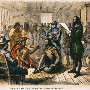 PILGRIMS TREATY. The Pilgrims treaty with Chief Massasoit in William Bradfords house at Plymouth Colony, March 1621. Wood engraving, American, late 19th century
