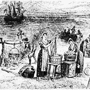 PILGRIMS: WASHING DAY. The pilgrims first washing day, Monday, 23rd November 1620 at Provincetown, Cape Cod, Massachusetts. Wood engraving, 19th century