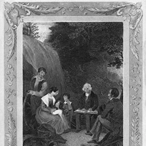 PIONEER FAMILY. The Emigrants Sabbath. A family of pioneers praying on the Sabbath