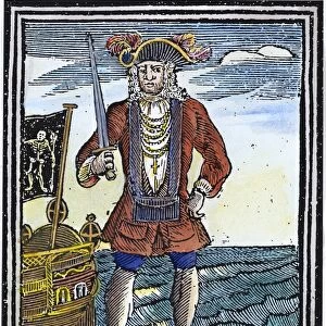 PIRATE, 1725. The pirate Bartholomew Roberts. Colored English woodcut, 1725