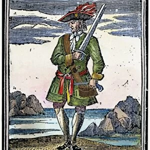 PIRATE: JOHN RACKAM, 1725. Pirate, also known as Calico Jack. English woodcut, 1725