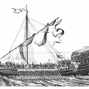 PIRATES: BARBARY COAST galley with ram and bow cannon: line engraving, 17th century