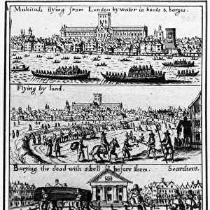 PLAGUE OF LONDON, 1665. Aspects of the Great Plague of London, 1665, shown in a contemporary English broadside. The populace flees by water and land; the dead are buried in mass graves