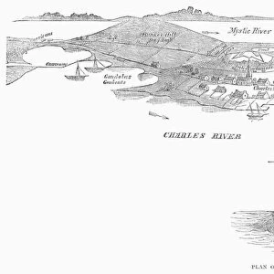 Plan of the Battle of Bunker Hill, with Boston in the foreground and the Charlestown Peninsula to the North. Line engraving, 19th century