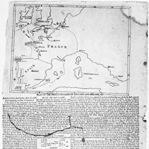 Plan of a French invasion of England and Ireland. Extract of a letter, dated London, 16 April 1798, and a map of the supposed planned invasion, printed in a contemporary broadside published in Philadelphia