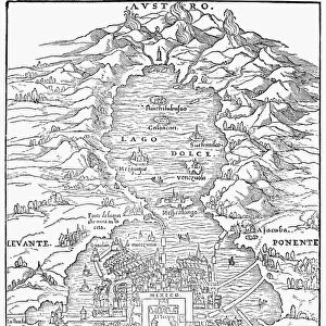 Plan of Tenochtitlan (City of Mexico) at the time of the Spanish Conquest. Woodcut, 1556