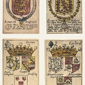 PLAYING CARDS, c1750. Playing cards bearing the blazoning of the ensignes armorial of the kingdoms of Scotland, England, France, and Ireland. Engravings, 18th century