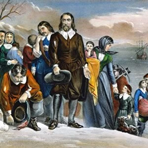 PLYMOUTH ROCK, 1620. The landing of the pilgrims at Plymouth, Massachusetts, 1620. Lithograph, 1876, by Currier & Ives