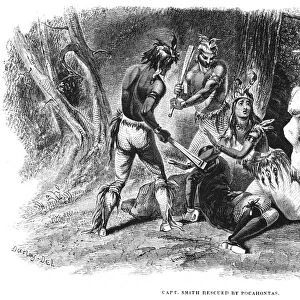 POCAHONTAS (1595?-1617). Native Amerian princess. Pocahontas saving the life of Captain John Smith, late December 1607. Wood engraving, American, 1846, after Felix O. C. Darley
