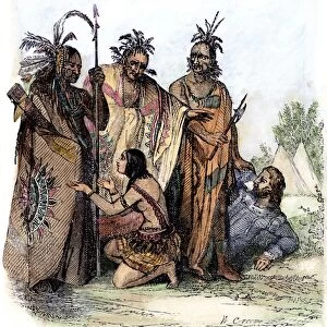 POCAHONTAS (1595-1617). Native American princess. Pocahontas begging her father Powhatan and his warriors to spare the life of Captain John Smith, late December 1607. Colored engraving, c1840