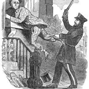 POLICE CARTOON, 1860. Mistaking an honest householder for a burglar