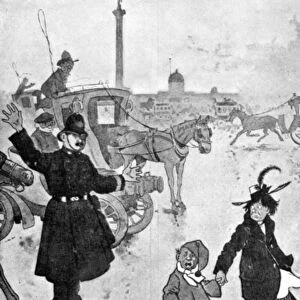 POLICEMAN CARTOON, 1904. Cartoon of a police officer directing traffic, from an American magazine