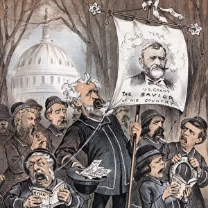 The Political Army of Salvation. American lithograph cartoon by Joseph Keppler, 1880, portraying Senator Roscoe Conkling (center) and other prominent Republicans as the Salvation Army, soliciting donations and singing hymns on behalf of their savior, former president Ulysses S. Grant, whom they seek to nominate for a third term