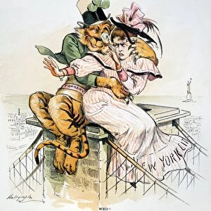 POLITICAL CARTOON. American cartoon by Louis Dalrymple, 1892, of New York in the clutches of the Tammany Tiger