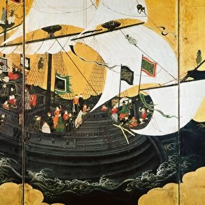 A Portuguese merchant ship off the coast of Goa en route to Japan: detail fom a painted Japanese Namban screen by Kano Naizen (1570-1616)
