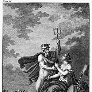 POSEIDON AND BRITANNIA. Neptune resigning the Reins of his Chariot to Britannia. Copper engraving, English, 18th century