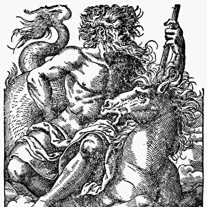POSEIDON / NEPTUNE. Poseidon on a seahorse. Woodcut, 1599, by Jost Amman