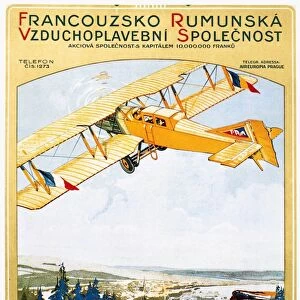 Poster for the Franco-Roumaine passenger airline which flew between Eastern Europe and France, depicting a Potez VII biplane, 1922