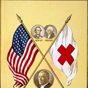 Poster for a Red Cross student membership drive, including blank spaces for the name of the school and the number of students enrolled, with portraits of Woodrow Wilson, Lincoln and Washington. Chromo lithograph, 1919