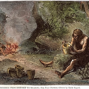 PREHISTORIC MAN: POTTERY. Prehistoric man fashioning a cooking pot from clay: engraving, 19th century