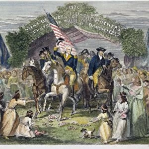 President-elect George Washingtons reception at Trenton, New Jersey, 21 April 1789, en route to his inauguration in New York City. Colored engraving, 19th century
