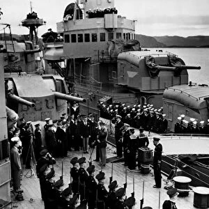 President Franklin D. Roosevelt boarding HMS Prince of Wales off the coast of Newfoundland in order to confer with Prime Minister Winston Churchill, 9 August 1941, a secret meeting that would produce the so-called Atlantic Charter