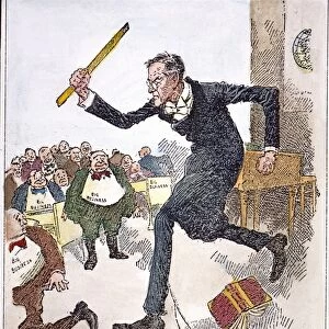 President Woodrow Wilson, a former professor, going after big business with a ruler rather than with the Big Stick of former president Theodore Roosevelt. American cartoon, c1913-14, by Robert Carter