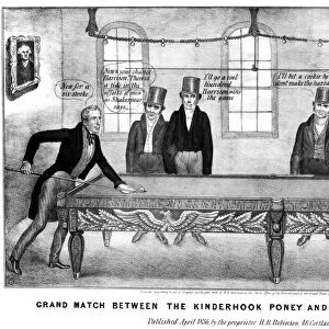 PRESIDENTIAL CAMPAIGN, 1836. A lithograph cartoon of 1836 depicting a game of pool between Harrison, abetted by Webster and Clay, and Van Buren, backed by Jackson and Benton
