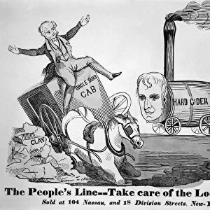 PRESIDENTIAL CAMPAIGN, 1840. A 1840 campaign cartoon showing a locomotive with William Henry Harrisons head bearing down on Martin van Buren, whose cab has broken down over (Henry) Clay rocks