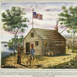 PRESIDENTIAL CAMPAIGN, 1840. Presidential candidate William Henry Harrison welcoming a veteran with his legendary hard cider hospitality. Lithograph, 1840