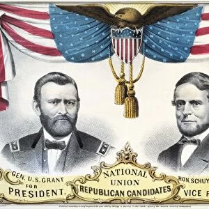 PRESIDENTIAL CAMPAIGN, 1868. Ulysses S. Grant and Schulyer Colfax as the Republican party candidates for President and Vice-President on a lithograph campaign poster of 1868